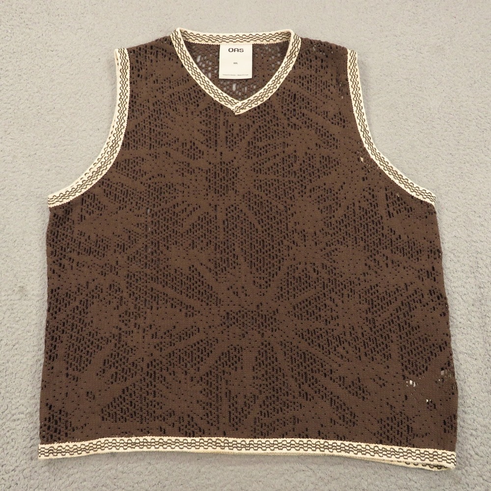 OAS Astrea Orion Mens XXL Brown V Neck Crochet Knit Graphic Resort Vest 2XL